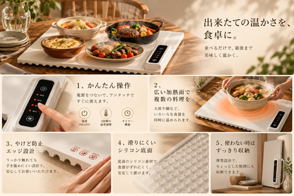 Solva™｜置くだけで冷めない 食品保温プレート 大判60.8×37.8cm 3段階温度調節